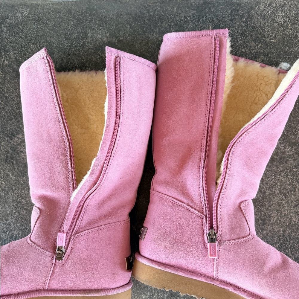 UGG Pink Suede Mid-Calf Shearling Boots with Side Zip - Picture 2 of 5
